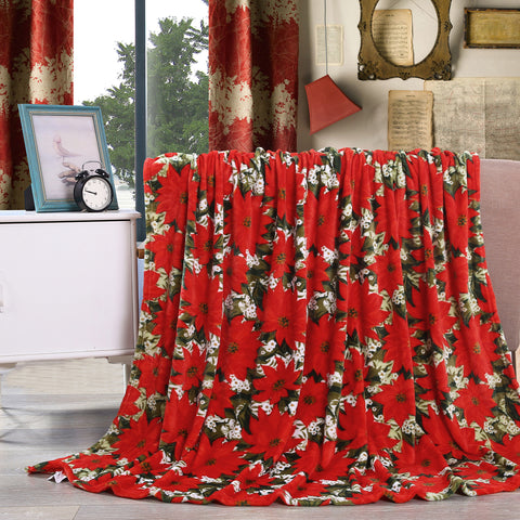 Christmas Plush Poinsettia Throw Blanket 50" x 60" Soft Polyester Holiday Decorative Throw Blanket | Red
