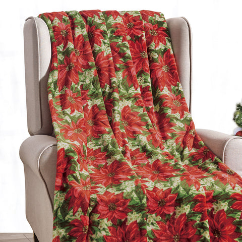 Christmas Plush Poinsettia Throw Blanket 50" x 60" Soft Polyester Holiday Decorative Throw Blanket | Red