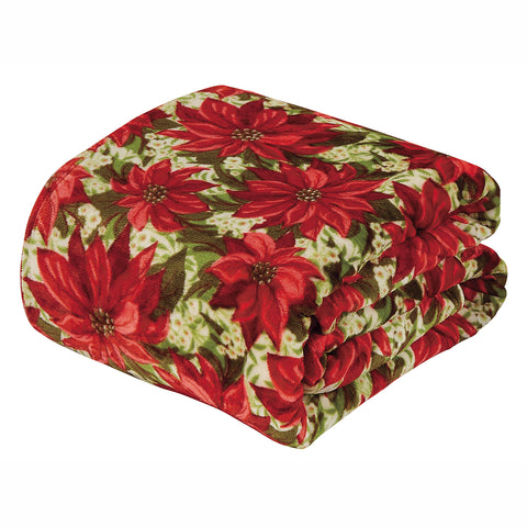 Christmas Plush Poinsettia Throw Blanket 50" x 60" Soft Polyester Holiday Decorative Throw Blanket | Red
