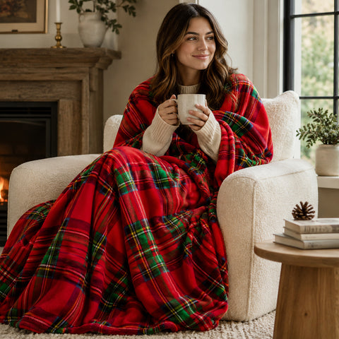 Classic Red Plaid Lightweight Throw Blanket 50" x 60" Soft Plush Polyester Decorative Throw Blanket