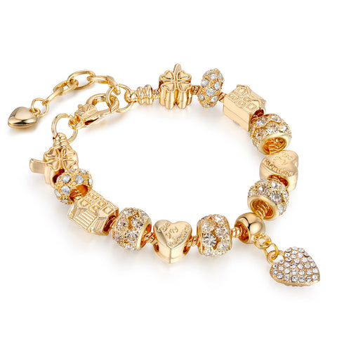 Gold Plated Charm Bracelet for Women – Heart, Smile & Rhinestone Beaded Bracelet with Secure Hook Closure (Multiple Designs)