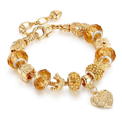 Gold Plated Charm Bracelet for Women – Heart, Smile & Rhinestone Beaded Bracelet with Secure Hook Closure (Multiple Designs)