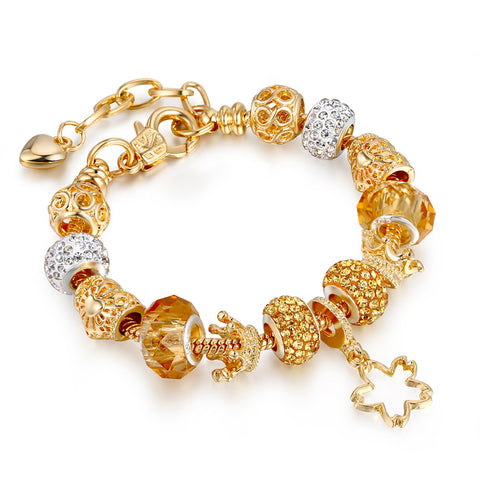 Gold Plated Charm Bracelet for Women – Heart, Smile & Rhinestone Beaded Bracelet with Secure Hook Closure (Multiple Designs)