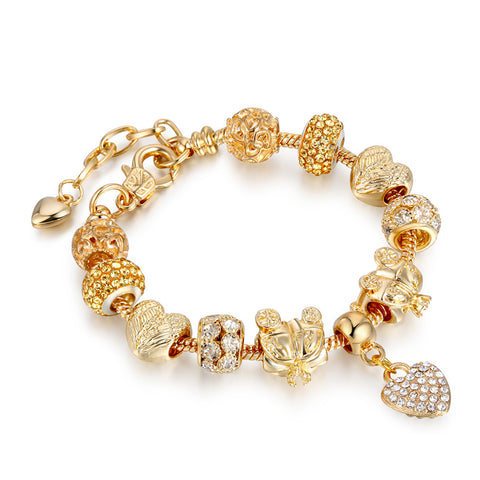 Gold Plated Charm Bracelet for Women – Heart, Smile & Rhinestone Beaded Bracelet with Secure Hook Closure (Multiple Designs)
