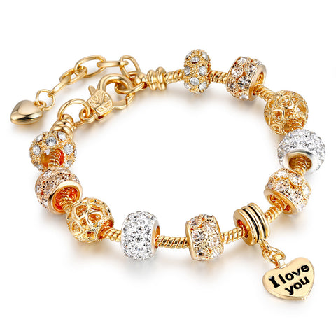 Gold Plated Charm Bracelet for Women – Heart, Smile & Rhinestone Beaded Bracelet with Secure Hook Closure (Multiple Designs)