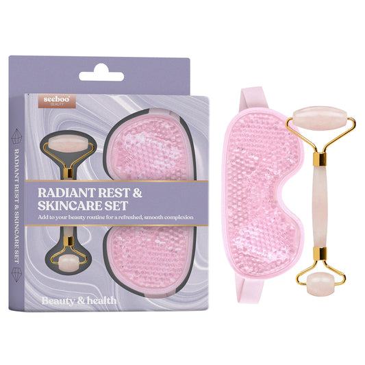 2-Piece: Cooling Beads Eye Mask & Rose Quartz Facial Roller Skincare Set