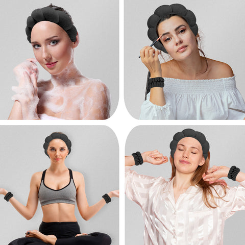 3-Pack: Non Slip Bubble Spa Headband Wear for Washing Face Makeup Skincare  with Wristbands