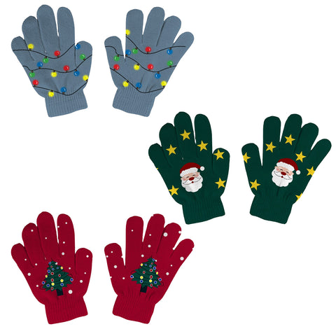 Holiday Light Up Knit Winter Gloves for Adults with 6 Bright LED