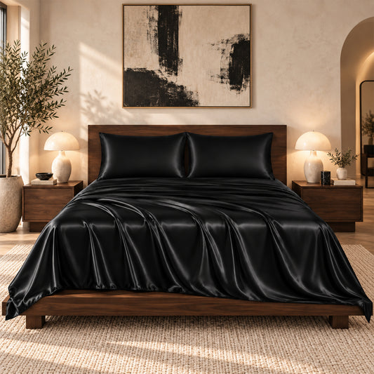 4-Piece Silky-Soft 100% Polyester Satin Sheet Set With 14" Deep Pocket | 90 GSM