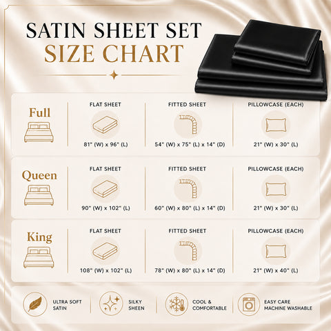 Silky-Soft Satin Sheet Set – 4-Piece 100% Polyester Satin Bedding with 14" Deep Pocket | 90 GSM