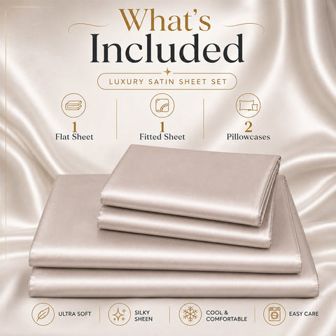 Silky-Soft Satin Sheet Set – 4-Piece 100% Polyester Satin Bedding with 14" Deep Pocket | 90 GSM