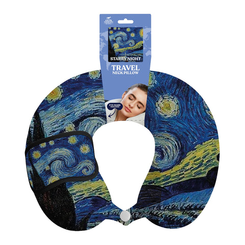 Art Inspired Travel Neck Pillow with Sleep Eye Mask – Lightweight Support Pillow for Airplane, Car & Travel Comfort