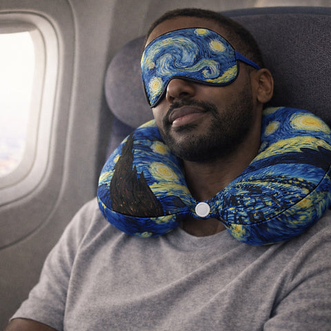Art Inspired Travel Neck Pillow with Sleep Eye Mask – Lightweight Support Pillow for Airplane, Car & Travel Comfort