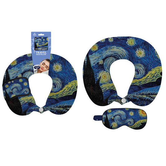 Art Inspired Travel Neck Pillow with Sleep Eye Mask – Lightweight Support Pillow for Airplane, Car & Travel Comfort