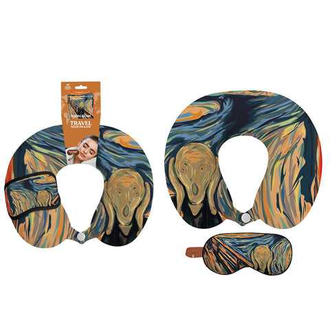 Art Inspired Travel Neck Pillow with Sleep Eye Mask – Lightweight Support Pillow for Airplane, Car & Travel Comfort