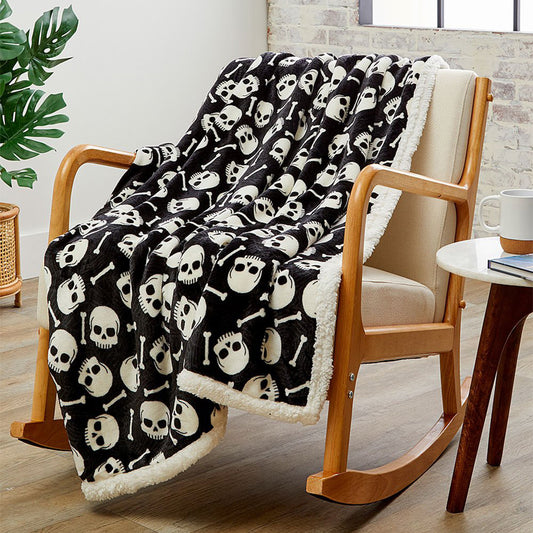 Ultra Soft Skull & Bones Halloween Sherpa Throw Blanket – 50" x 60" Cozy Micro Plush Blanket for Couch, Bed, or Living Room – Lightweight, Warm, All-Season Comfort, Machine Washable