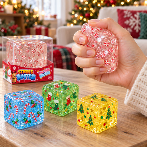 Christmas Squishy Stress Cube Fidget Toy, Soft Holiday Sensory Cube | Assorted Festive Designs &amp; Stocking Stuffer