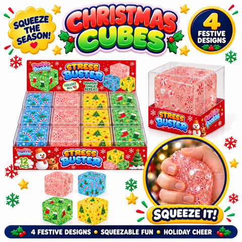 Christmas Squishy Stress Cube Fidget Toy, Soft Holiday Sensory Cube | Assorted Festive Designs &amp; Stocking Stuffer
