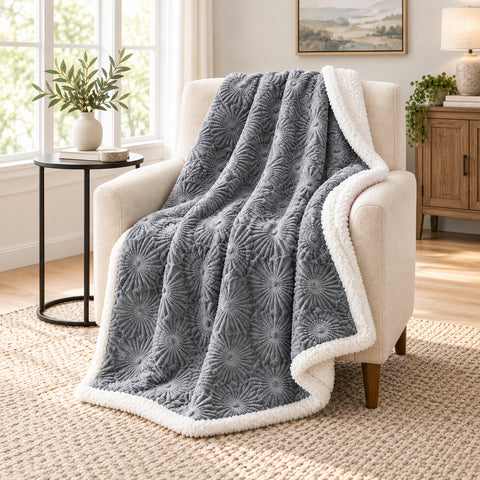 Ultra-Soft Embossed Sherpa Plush Throw Blanket – 50" x 60"  Lightweight Warm Fleece Blanket with Soft Sherpa Backing for Couch, Sofa & Bed | 100% Polyester | Machine Washable