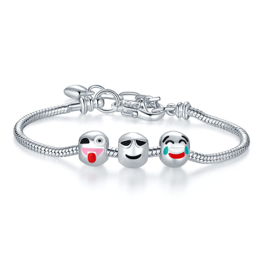 White Gold Plated Emoji Charm Bracelet – Fun Stackable Rope Chain Bracelet for Women, Teens & Gift Giving