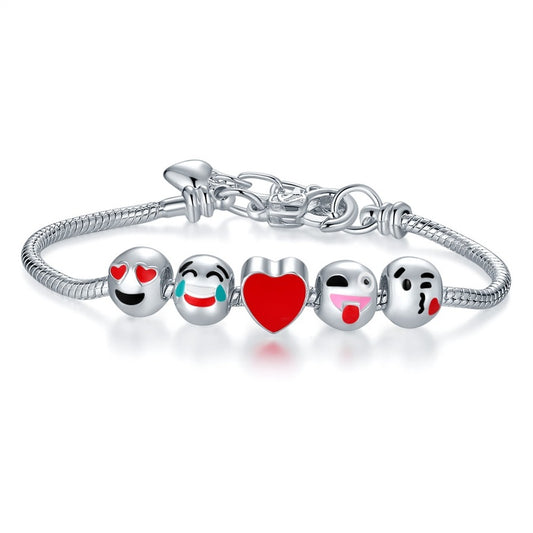 White Gold Plated Emoji Charm Bracelet – Fun Stackable Rope Chain Bracelet for Women, Teens & Gift Giving