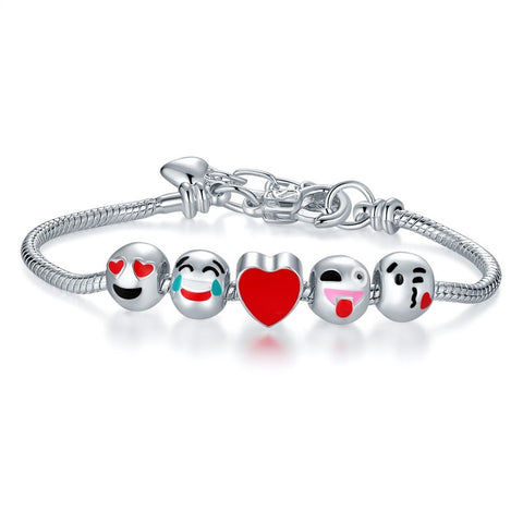 White Gold Plated Emoji Charm Bracelet – Fun Stackable Rope Chain Bracelet for Women, Teens & Gift Giving