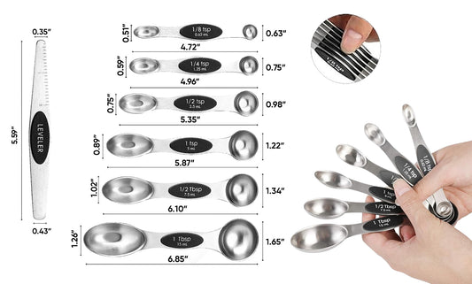 7-Piece: Double Sided Stackable Magnetic Measuring Spoons Set with Leveler for Baking, Cooking, Roasting, Meal Preparation