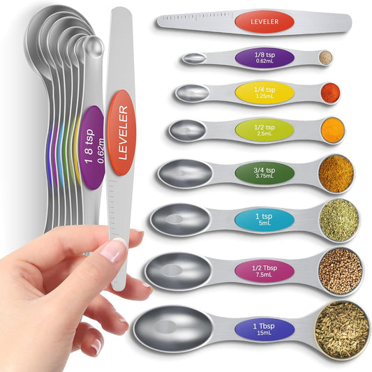 8-Piece Magnetic Measuring Spoons Set with Leveler – Double-Sided Stainless Steel Measuring Spoons for Baking & Cooking (Stackable Design)