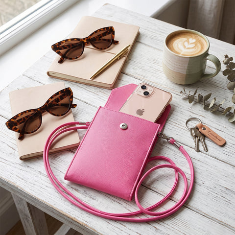 Crossbody Cell Phone Bag Slim PU Leather Phone Purse with Two Compartments and Detachable Strap