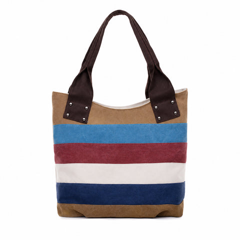 Women's Patchwork Striped Canvas Hobo Shoulder Bag Multi-Color Casual Canvas Tote Messenger Handbag