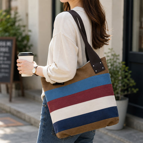 Women's Patchwork Striped Canvas Hobo Shoulder Bag Multi-Color Casual Canvas Tote Messenger Handbag