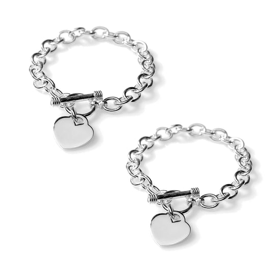 Classic Heart Toggle Bracelet – Silver Tone Link Bracelet with Engravable Charm & Secure Toggle Clasp