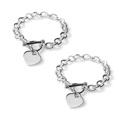 Classic Heart Toggle Bracelet – Silver Tone Link Bracelet with Engravable Charm & Secure Toggle Clasp