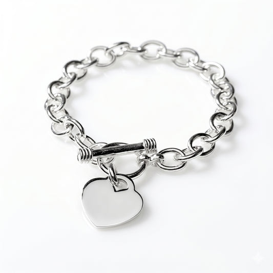 Classic Heart Toggle Bracelet – Silver Tone Link Bracelet with Engravable Charm & Secure Toggle Clasp