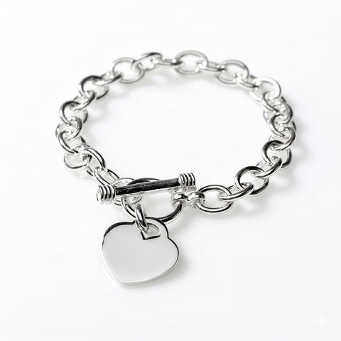Classic Heart Toggle Bracelet – Silver Tone Link Bracelet with Engravable Charm & Secure Toggle Clasp