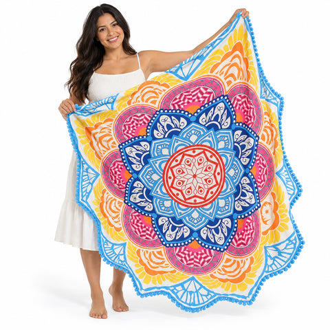 Lotus Mandala Beach Throw – Lightweight Round Picnic and Decorative Mat