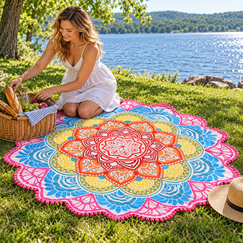 Lotus Mandala Beach Throw – Lightweight Round Picnic and Decorative Mat