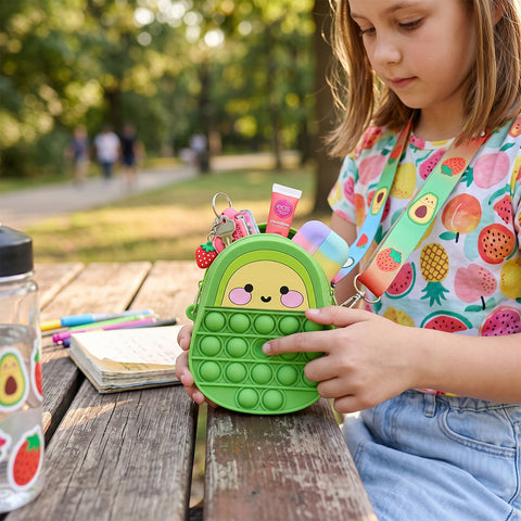 Kids Pop-It Bubble Unicorn and Fruit Crossbody Bag Silicone Fidget Purse with Shoulder Strap for Small Accessories