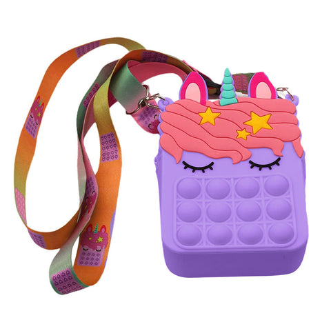 Kids Pop-It Bubble Unicorn and Fruit Crossbody Bag Silicone Fidget Purse with Shoulder Strap for Small Accessories