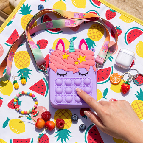 Kids Pop-It Bubble Unicorn and Fruit Crossbody Bag Silicone Fidget Purse with Shoulder Strap for Small Accessories