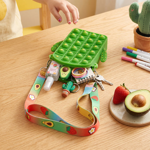 Kids Pop-It Bubble Unicorn and Fruit Crossbody Bag Silicone Fidget Purse with Shoulder Strap for Small Accessories