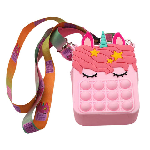 Kids Pop-It Bubble Unicorn and Fruit Crossbody Bag Silicone Fidget Purse with Shoulder Strap for Small Accessories