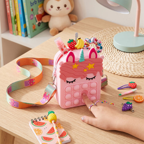 Kids Pop-It Bubble Unicorn and Fruit Crossbody Bag Silicone Fidget Purse with Shoulder Strap for Small Accessories