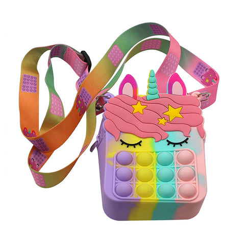 Kids Pop-It Bubble Unicorn and Fruit Crossbody Bag Silicone Fidget Purse with Shoulder Strap for Small Accessories