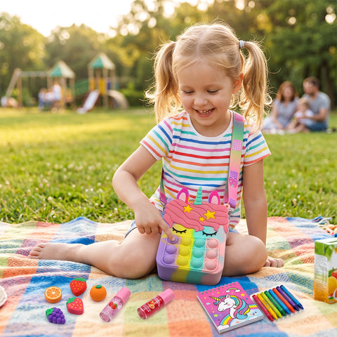 Kids Pop-It Bubble Unicorn and Fruit Crossbody Bag Silicone Fidget Purse with Shoulder Strap for Small Accessories