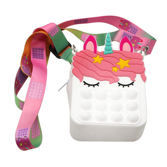 Kids Pop-It Bubble Unicorn and Fruit Crossbody Bag Silicone Fidget Purse with Shoulder Strap for Small Accessories