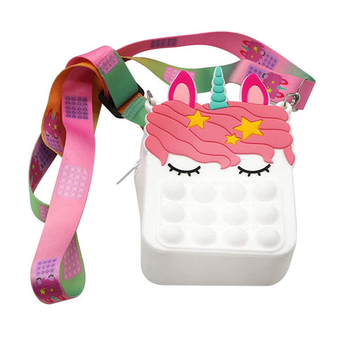 Kids Pop-It Bubble Unicorn and Fruit Crossbody Bag Silicone Fidget Purse with Shoulder Strap for Small Accessories