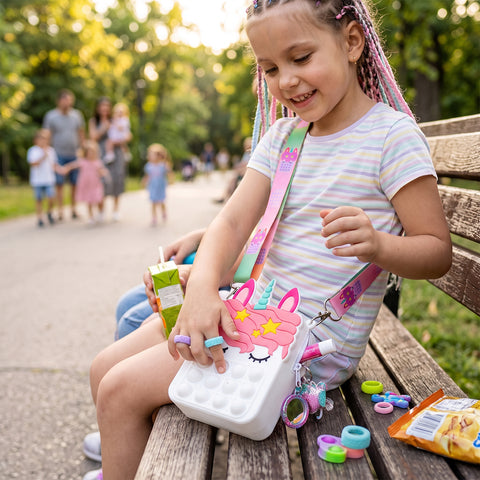 Kids Pop-It Bubble Unicorn and Fruit Crossbody Bag Silicone Fidget Purse with Shoulder Strap for Small Accessories