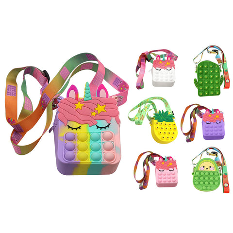 Kids Pop-It Bubble Unicorn and Fruit Crossbody Bag Silicone Fidget Purse with Shoulder Strap for Small Accessories