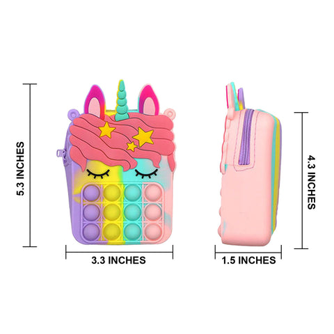 Kids Pop-It Bubble Unicorn and Fruit Crossbody Bag Silicone Fidget Purse with Shoulder Strap for Small Accessories
